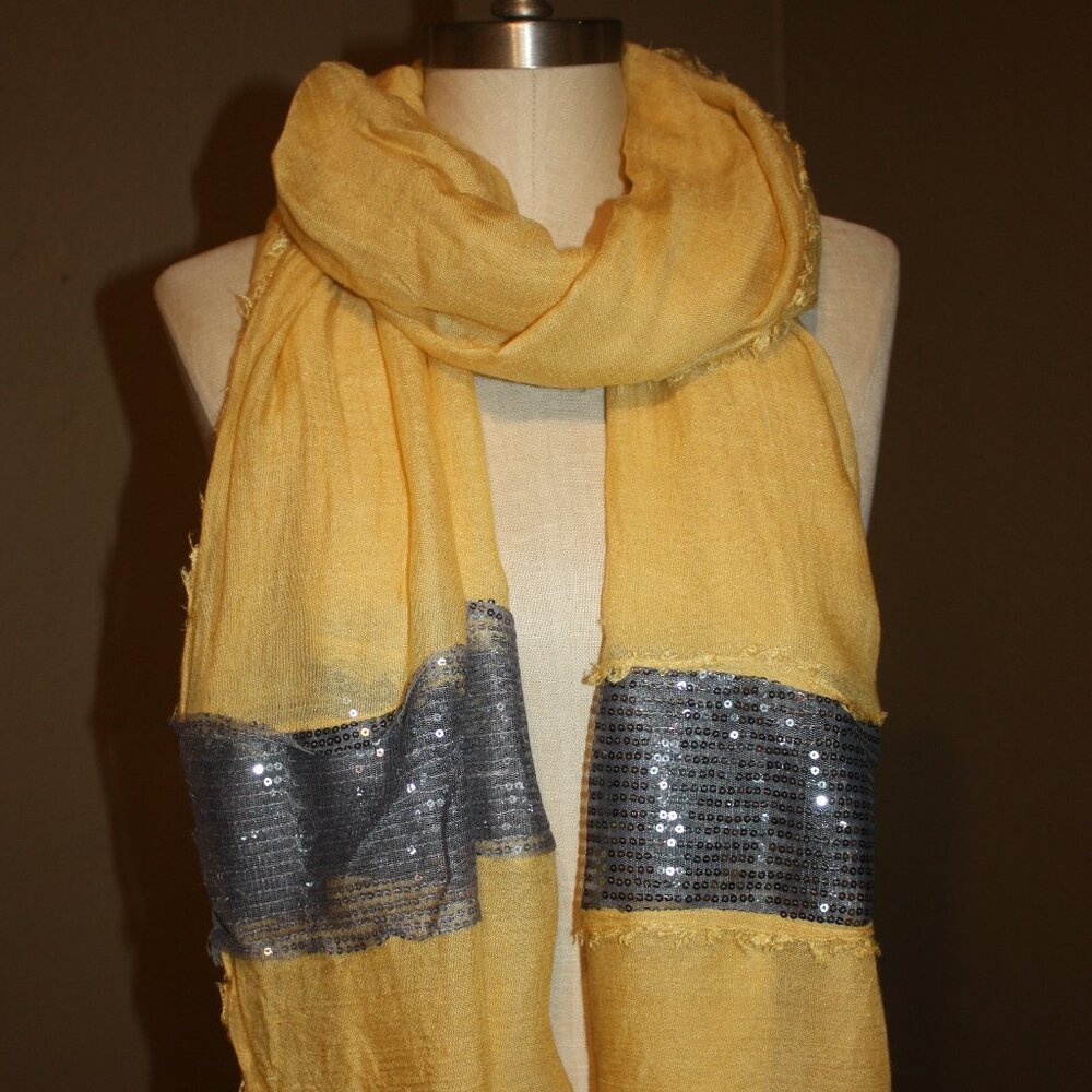 SAYAMI VISCOSE MUSTARD YELLOW SCARF GRAY SEQUIN ACCENT